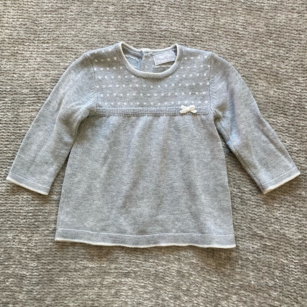 Mayoral Baby Knit Dress 6-9M Gray Dot Pattern Bow Detail Classic Style